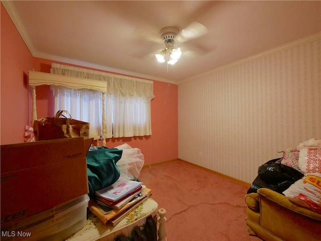 interior space with ornamental molding, light carpet, and ceiling fan