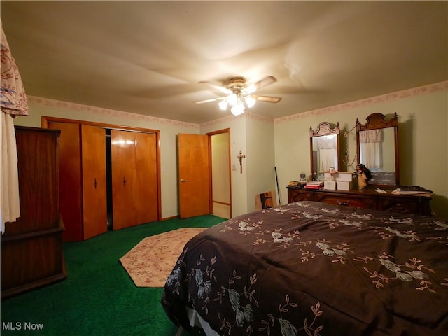 carpeted bedroom featuring ceiling fan