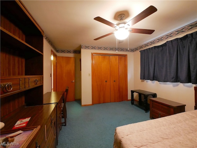 bedroom with ceiling fan, a closet, and carpet