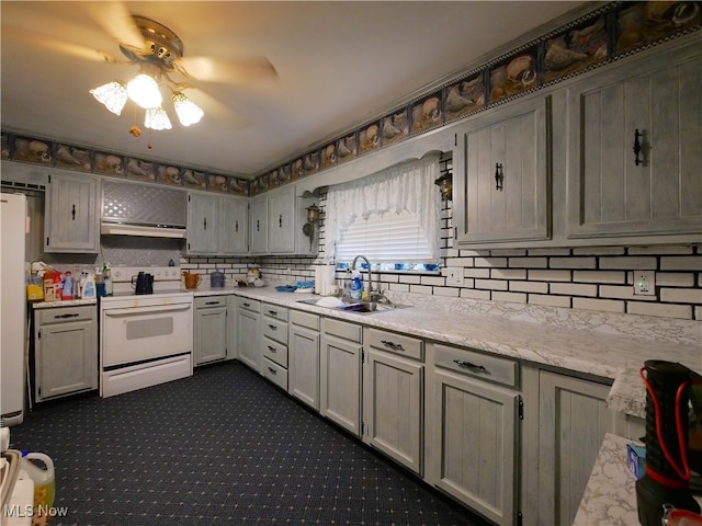 kitchen with ceiling fan, sink, white appliances, extractor fan, and gray cabinets