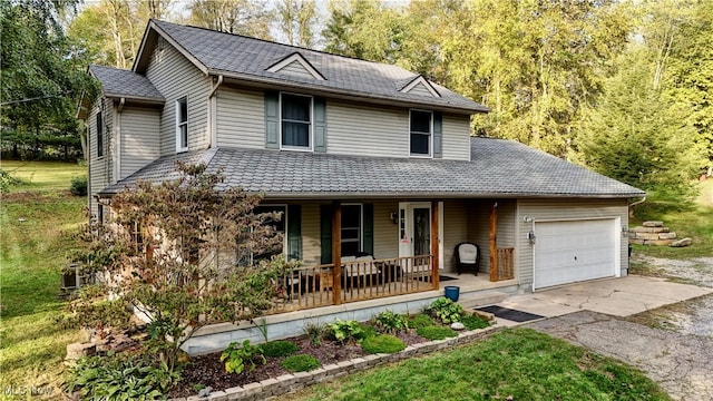 view of front of house featuring a front yard, a porch, and a garage