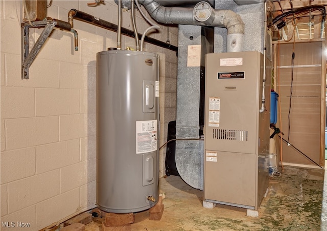 utility room with heating unit and electric water heater