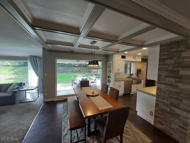 dining room featuring beamed ceiling, dark wood-type flooring, sink, coffered ceiling, and ornamental molding