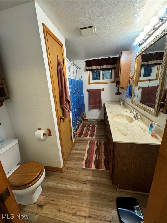 bathroom with wood-type flooring, a textured ceiling, vanity, and toilet