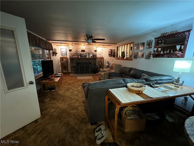 living room with carpet floors, a fireplace, and ceiling fan