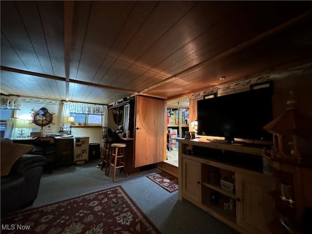 carpeted living room with wood ceiling