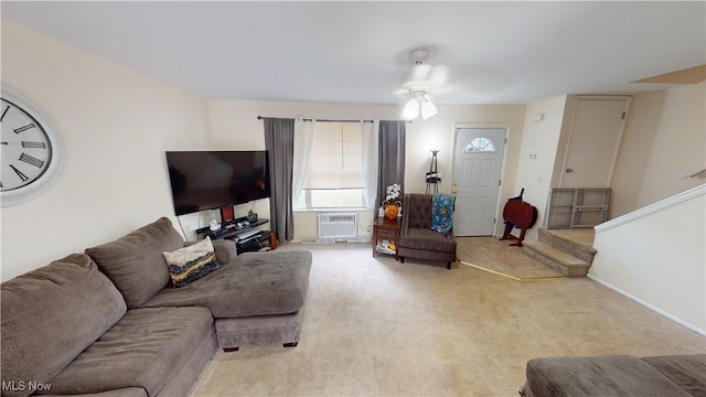 living room featuring ceiling fan and light colored carpet