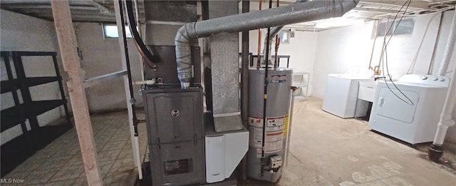 utility room with water heater and independent washer and dryer