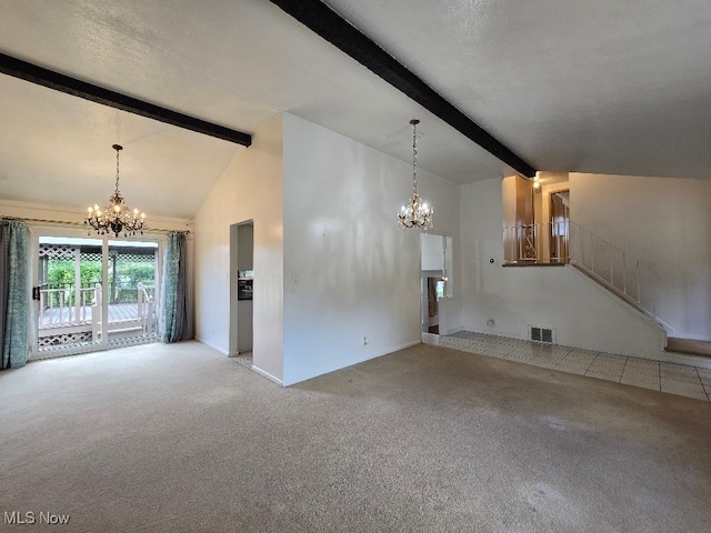 unfurnished living room featuring a textured ceiling, vaulted ceiling with beams, light carpet, and a chandelier