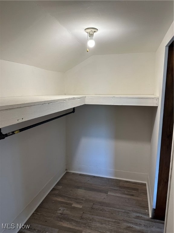 walk in closet featuring vaulted ceiling and dark wood-type flooring