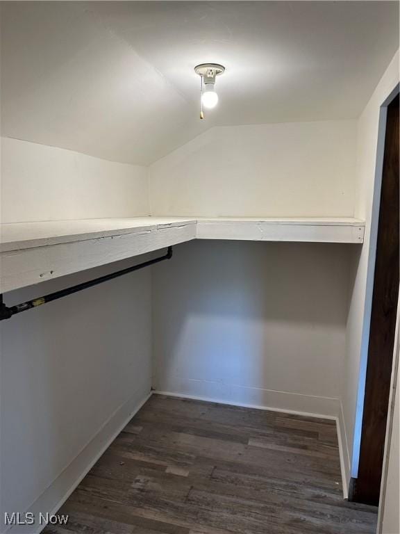 spacious closet with dark wood-style floors and lofted ceiling