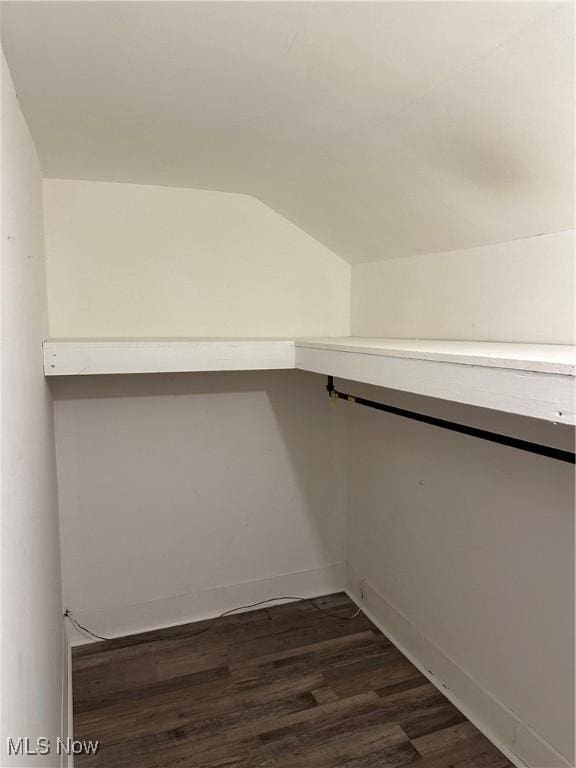 spacious closet with vaulted ceiling and dark wood finished floors