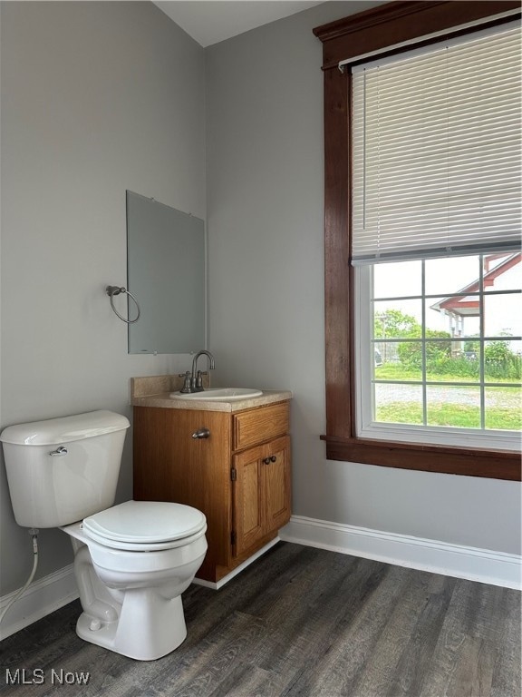 bathroom with wood-type flooring, vanity, and toilet