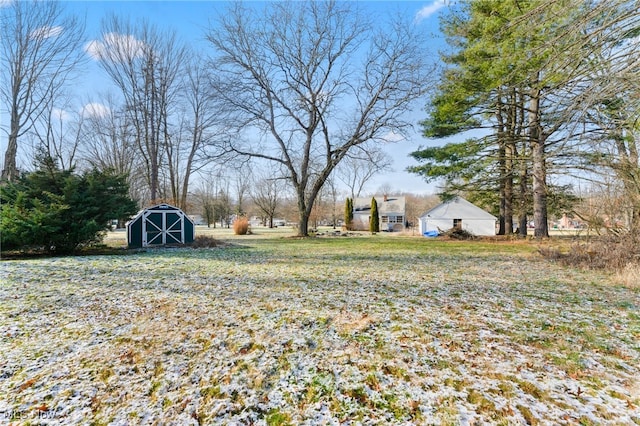 view of yard featuring a storage shed