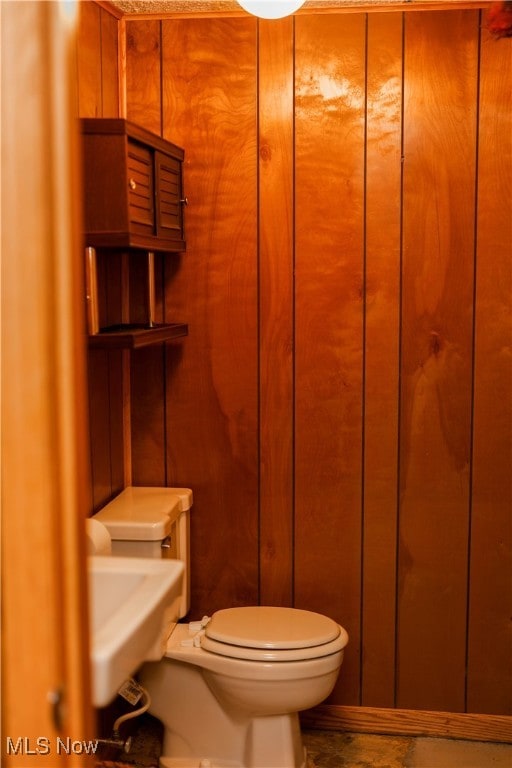 bathroom with toilet and wooden walls