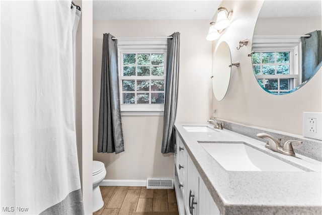 bathroom with vanity, hardwood / wood-style floors, and toilet