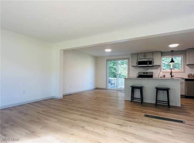 kitchen with gray cabinetry, a wealth of natural light, and appliances with stainless steel finishes