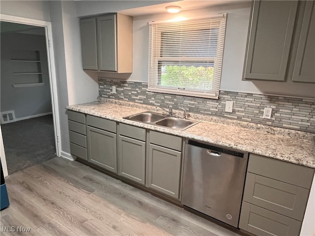 kitchen with decorative backsplash, gray cabinetry, sink, light hardwood / wood-style floors, and dishwasher