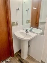 bathroom with hardwood / wood-style flooring