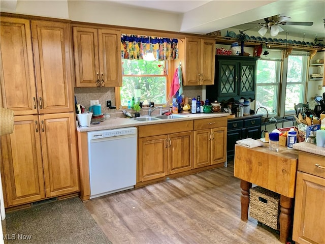 kitchen with tasteful backsplash, sink, light hardwood / wood-style flooring, white dishwasher, and ceiling fan