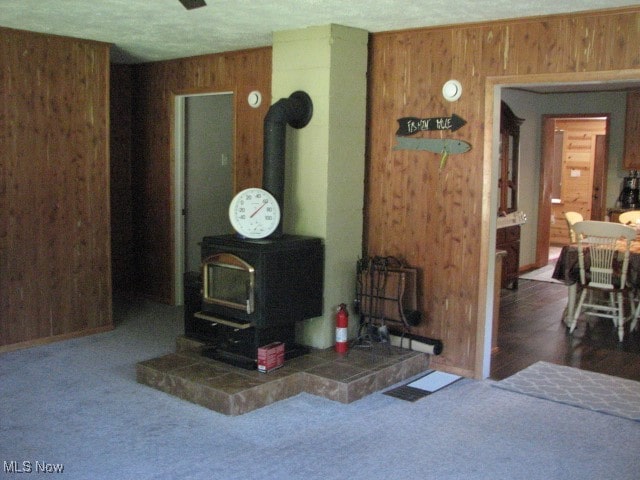 living room with wood walls and a wood stove