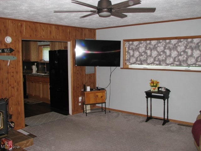 interior space featuring wood walls, a textured ceiling, and sink