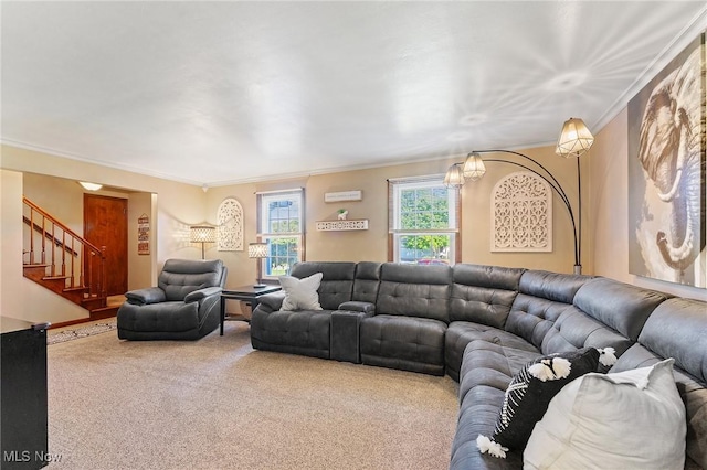 living room with carpet and crown molding