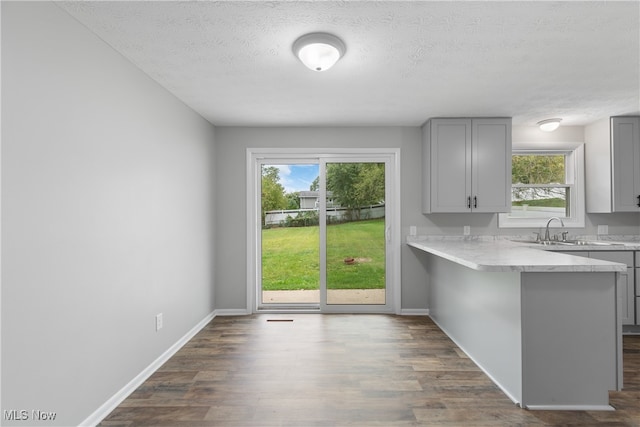 kitchen with gray cabinetry, kitchen peninsula, dark wood-type flooring, and a textured ceiling