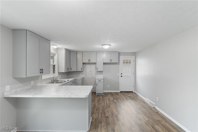 kitchen with gray cabinetry, kitchen peninsula, dark wood-type flooring, and sink