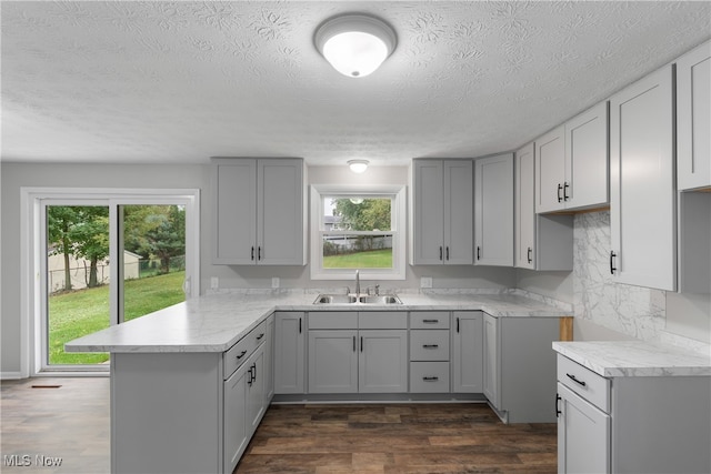 kitchen featuring kitchen peninsula, dark hardwood / wood-style floors, a healthy amount of sunlight, and sink