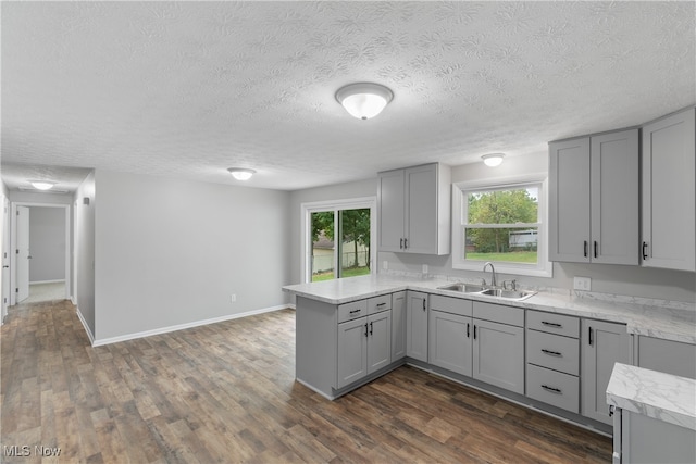 kitchen featuring a healthy amount of sunlight, kitchen peninsula, sink, and gray cabinets