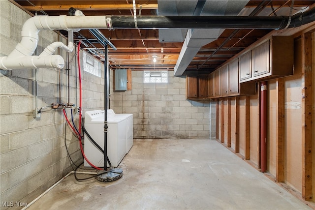 basement featuring electric panel and separate washer and dryer