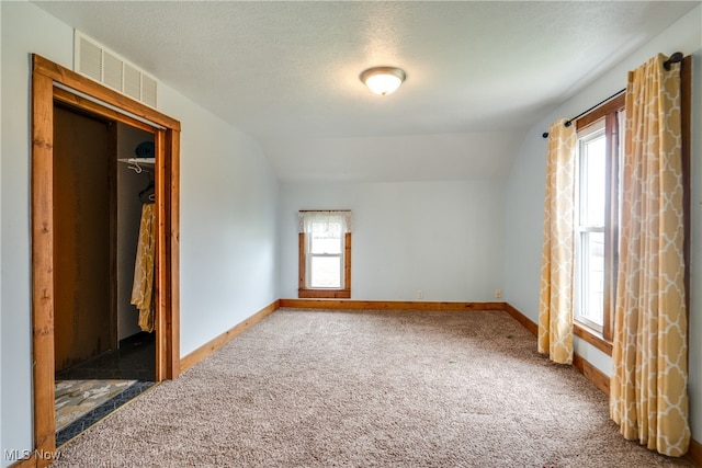 interior space with a textured ceiling, a wealth of natural light, and vaulted ceiling