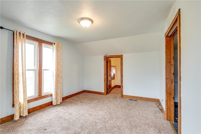 additional living space with lofted ceiling, light colored carpet, and a textured ceiling