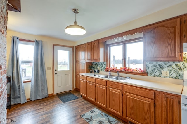 kitchen featuring pendant lighting, dark hardwood / wood-style flooring, and sink