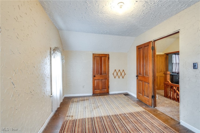 empty room with carpet, lofted ceiling, and a textured ceiling