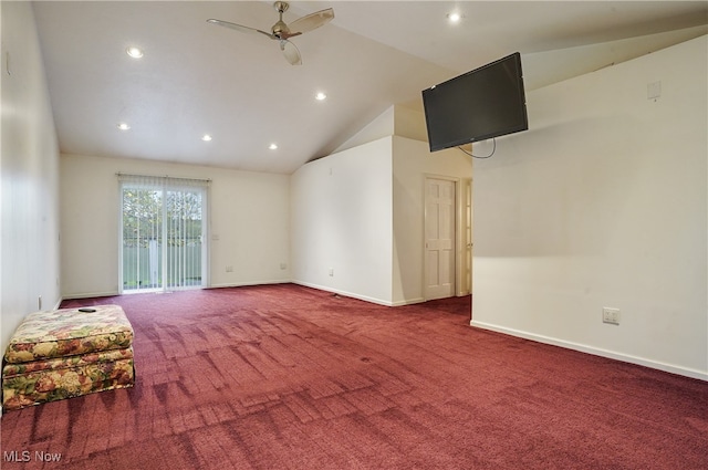 unfurnished living room featuring carpet floors, ceiling fan, and high vaulted ceiling