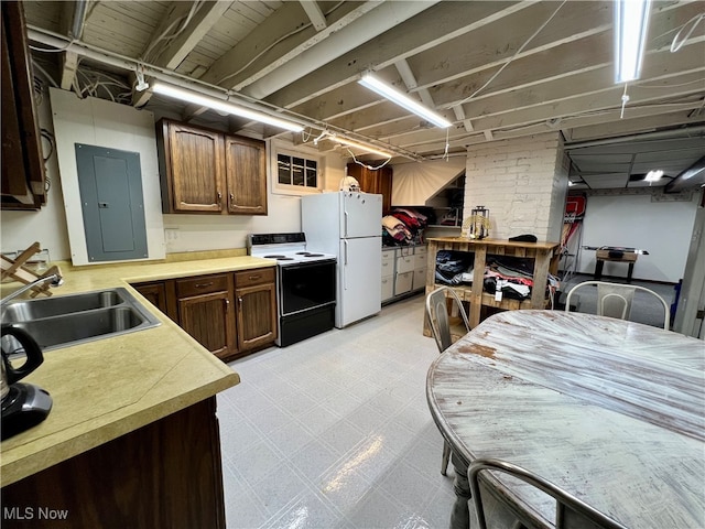 kitchen with white appliances, electric panel, dark brown cabinetry, and sink