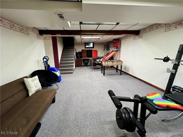 workout area with carpet floors