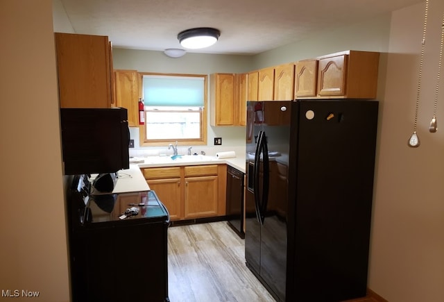 kitchen featuring black appliances, light hardwood / wood-style floors, and sink