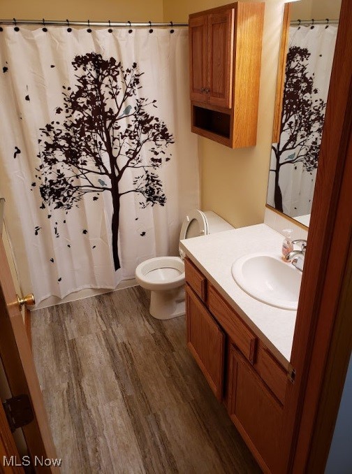 bathroom featuring curtained shower, wood-type flooring, vanity, and toilet