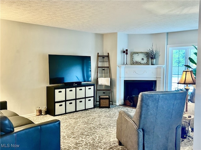 living room with a textured ceiling