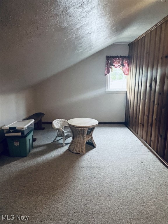 additional living space featuring vaulted ceiling, a textured ceiling, and wood walls