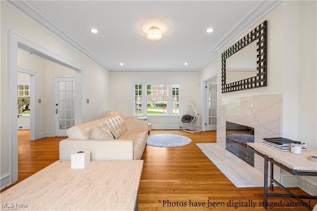 living area with crown molding, baseboards, a fireplace, wood finished floors, and recessed lighting