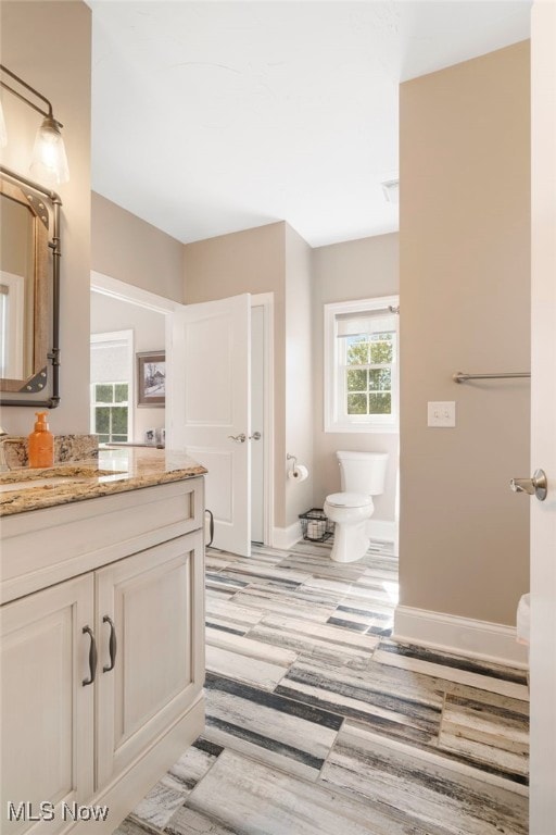 bathroom with wood-type flooring, vanity, and toilet