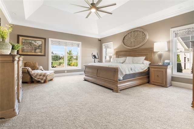 carpeted bedroom with ornamental molding, ceiling fan, and a raised ceiling