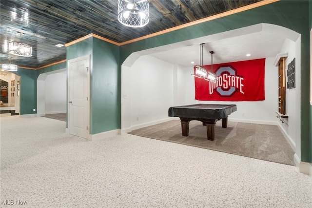 rec room with carpet floors, crown molding, pool table, and wooden ceiling