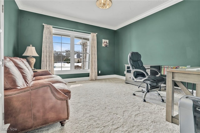 carpeted office with visible vents, baseboards, and crown molding