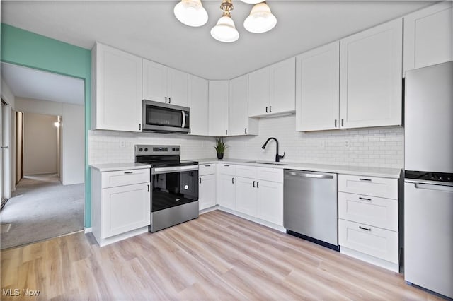 kitchen with sink, light hardwood / wood-style flooring, appliances with stainless steel finishes, decorative backsplash, and white cabinets