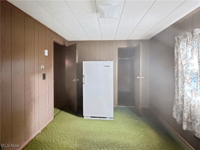 hallway featuring carpet floors and wooden walls